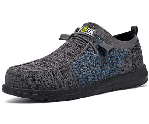 Image of LARNMERN Slip On Steel Toe Shoes Men Lightweight Comfortable Lounging Walking Sneakers Safety Work Steel Toe Loafers(9 Men, Dark Gray /Blue)
