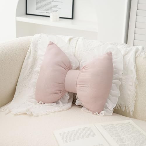 Pink Bow Pillow - Decorative Lace Bowknot Throw Pillow Cute Shaped Pillows for Sofa Couch Bed Living Room Bedroom