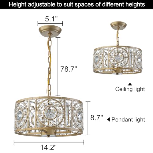 Image of Vintage Crystal Round Chandelier 14.17 inch Gold Dining Room Chandelier Over Table 4-Lights Classic Drum Pendant Light Fixture for Living Room Kitchen Island Entryway.