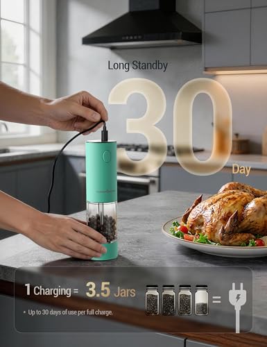 Image of ThermoMaven Electric Salt and Pepper Grinder Set, 110ml Larger Rechargeable Automatic Salt and Pepper Mill Grinder with 6 Adjustable Coarseness, Electric Salt and Pepper Shakers, LED, Mint Green