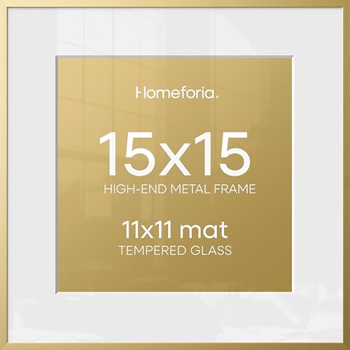 Image of Homeforia 15x15 Picture Frame Gold, High End Metal 15 x 15 Square Poster Frame with Mat 11 x 11 Photo, 15x15 Frame Matted to 11x11 Print, 15by15 Gold Hanging Frames, Tempered Glass, Wall Kit, Set of 3