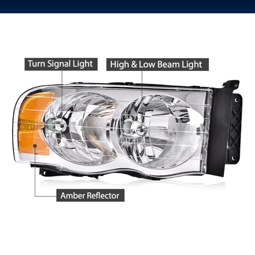 Image of GRAND ORANGE Headlights Assembly Compatible with Dodge Ram 1500 2002-2005, Fit Dodge Ram 2500 3500 2003-2005 Left & Right Headlamps Assembly, Clear Lens Chrome Housing Amber Reflector