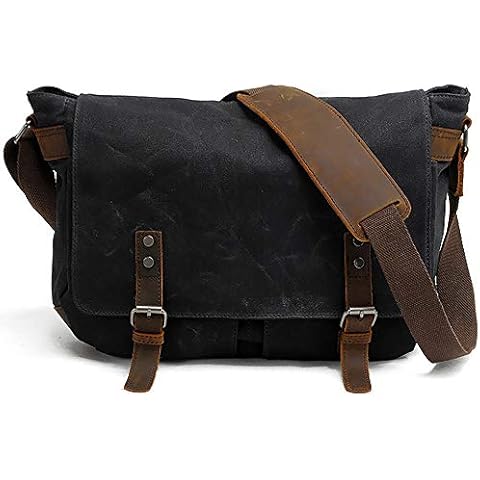 HuaChen Men's Waxed Canvas Messenger Bag Shoulder Crossbody Laptop Bag Satchel (M49_Black) Cover