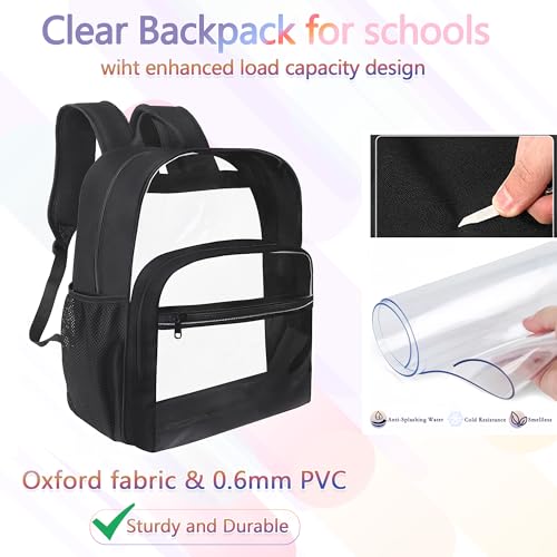 Clear Backpack for School, Heavy Duty Transparent Backpack with 0.6 mm PVC Bookbag 18 inch Clear Bag, Black2