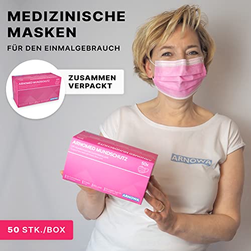 ARNOMED 50x Medizinische Mundschutzmaske Pink, CE Zertifizierte Op Maske, Medical Face Mask, Schutzmaske Mund & Nase, Einwegmasken, Chirugischer Mundschutz, Klinische Gesichtsmasken