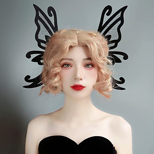 Halloween Dark Gothic Butterfly Hairclips Headband Black Lace Baroque Vintage King Queen Crown Hair Band Headband Hair Accessories For Ball Party Masquerade And Cosplay (Butterfly Style) #TOP6