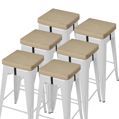 Image of AddGrace Anti-Slip Bar Stool Cushions Square Bar Stool Seat Cushions with Ties Set of 6 Small Square Chair Pads with Machine Washable Cover 12 inchX12 inchX2 inch (Beige)