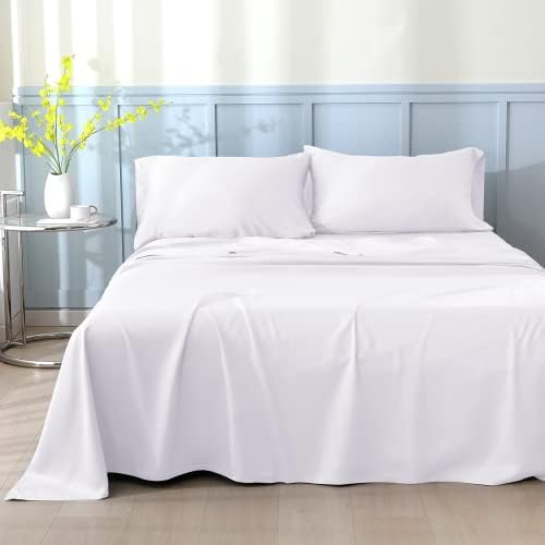 NATUREFIELD Luxury 100% Bamboo Bed Sheets Set, Split King Size Cooling Sheets with Fitted Deep Pocket, Silky Soft and Comfortable for Home and Hotel, 5 Piece, White