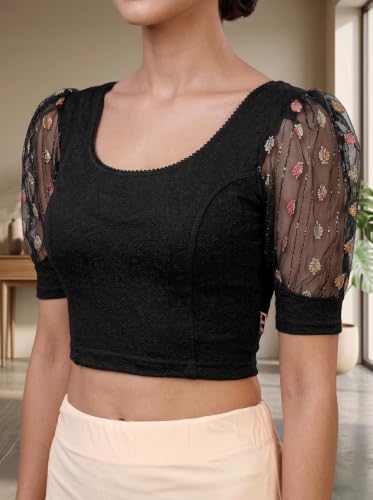 Image of SFT Women's Cotton Lycra Blend Readymade Saree Blouse with Round Neck Half Sleeves Solid Pattern Knit Weave Regular Fit and Pull On Closure