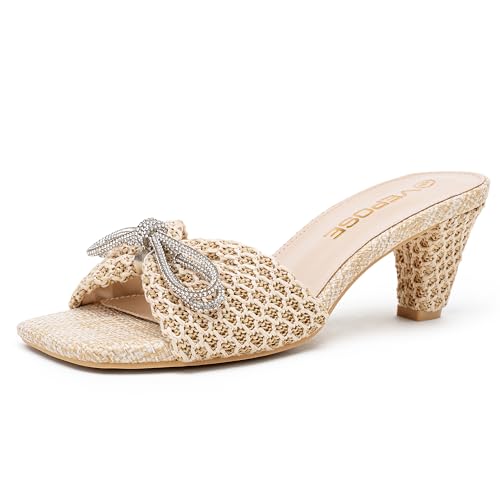 Vepose Women's Embellished Woven Raffia Heeled Sandals, Approx 3 Inch Flared Block Chunky Sculptural Slip on Mule Heels - Square Open Toe Business Casual Wedding Guest Shoes 6102