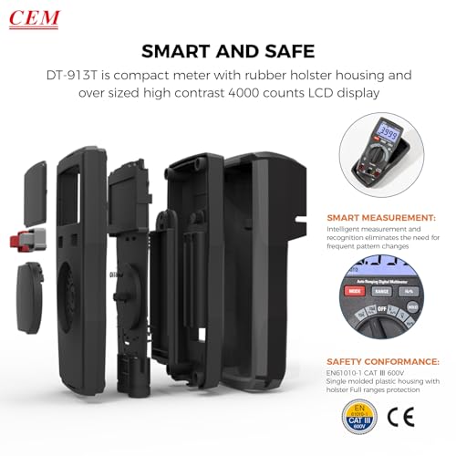 Image of CEM DT-913T Digital Multimeter TRMS 4000 Counts Voltmeter Auto-Ranging Fast Accurately Measures LCD Display Voltage Current Amp Resistance Diodes Continuity for Automotive