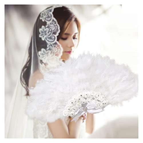 BETERE Abanico de plumas de boda Novia no plegable Abanicos de mano Suministros de fiesta de baile Accesorios de sesión de fotos Diamantes de imitación Abanico de flores de rosa Cover