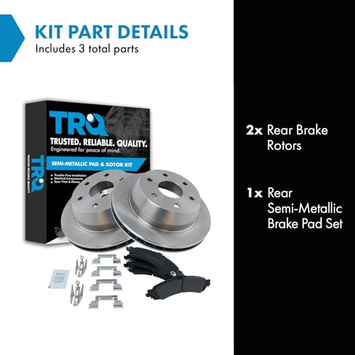 Image of TRQ Rear Brake Pad and Rotor Set Semi Metallic | For 2000-2006 Chevrolet Tahoe Suburban 1500 Silverado 1500 Avalanche 1500 GMC Yukon XL 2002-2006 Cadillac Escalade ESV EXT