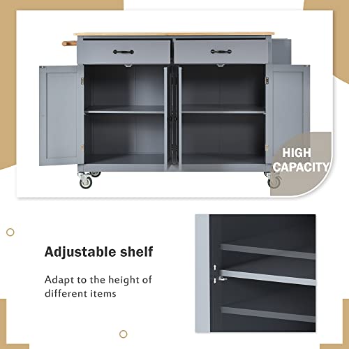 Kitchen-Island-Cart-on-Locking-Wheels-with-4-Cabinet-and-2-Drawers-Rolling-Coffee-Bar-Trolley-wSolid-Wood-Tabletop-Adjustable-Shelves-Spice-Towel-Side-Rack-for-Dining-Room-Gray Kitchen Island Cart on Locking Wheels with 4 Cabinet and 2 Drawers Rolling Coffee Bar Trolley wSolid Wood Tabletop Adjustable Shelves Spice Towel Side Rack for Dining Room Gray