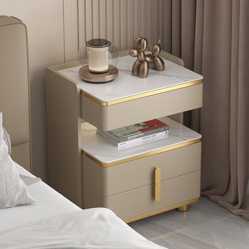 JLJ 3-Drawer Nightstand with 4-Tier Storage for Bedroom | Bedside Table with Tempered Glass and Marble Pattern | Farmhouse End Table/Small Side Table for Living Room