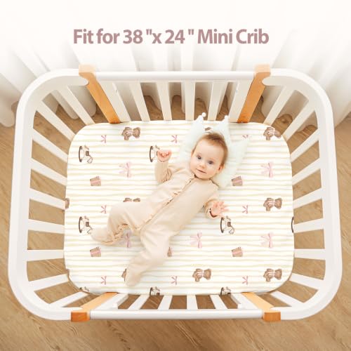 Image of Baby Mini Crib Sheets Girl, Portable 38 inchx26 inch Pack and Play Sheets Fitted for Playard and Pack N Play Mattress, 3-Pack Soft Microfiber Pink Bear