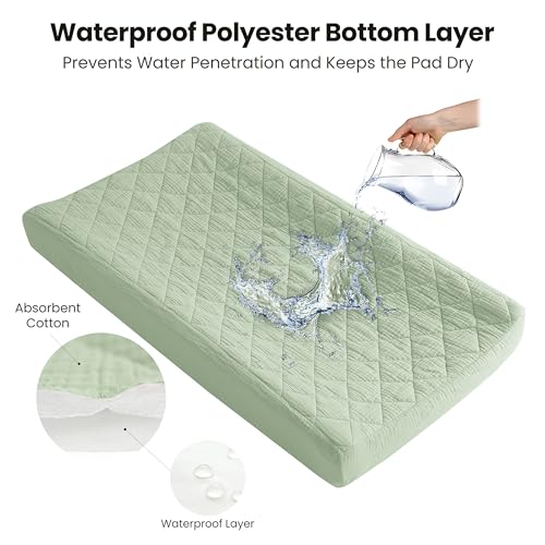 Image of Konssy Waterproof Muslin Changing Pad Cover 2 Pack, Quilted Cotton Fitted Diaper Changing Table Cover, Soft Changing Pad Sheets for Girls Boys (Woodland, Sage)