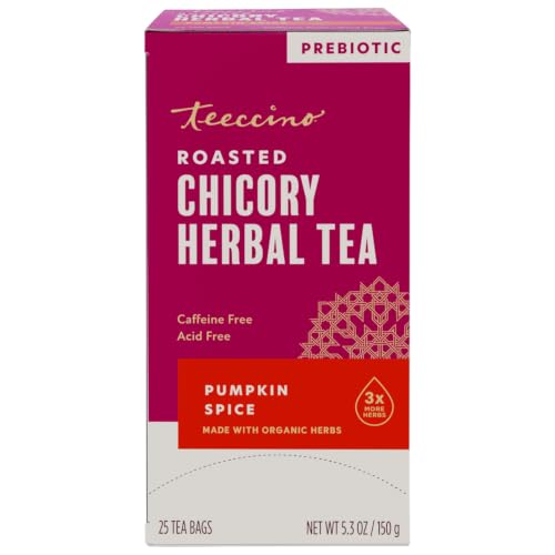 Teeccino Pumpkin Spice Herbal Tea - Rich & Roasted Autumn Harvest Tea That’s Caffeine Free & Prebiotic for Delicious Comfort, 25 Tea Bags