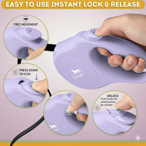 Image of Petology Retractable Dog Leash | 3 Meter (10ft) Nylon Tape | for Dogs Upto 12kgs | Heavy Duty Rope, 360 Tangle-Free, One-Hand Brake & Lock System, Anti-Slip Comfortable Grip