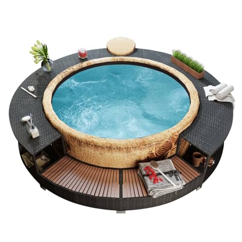 Gecheer Whirlpool-Umrandung Poly-Rattan Einfassung mit Stauraum Stahlrahmen und Eukalyptus-Holz 283 cm Außendurchmesser für Whirlpool und Spa-Bereich