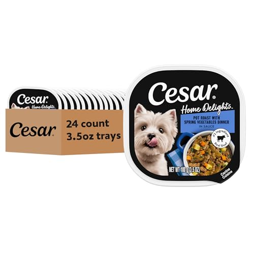 Image of Cesar Home Delights Wet Dog Food, Pot Roast & Vegetables, 3.5 oz, 24 Count | Real beef #1 ingredient, 100% complete & balanced, easy to digest, no fillers, no artificial flavors, easy peel trays