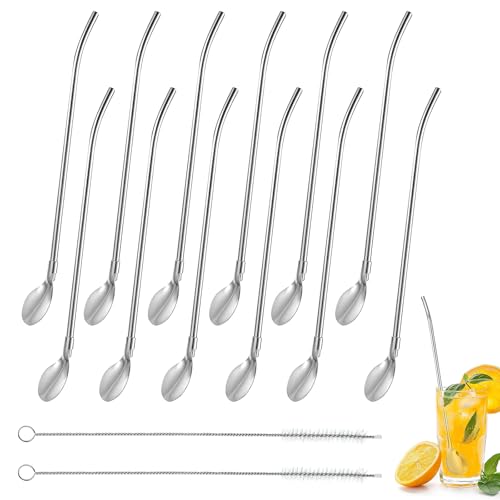 Pack of 12 Stainless Steel Straw Spoons, Reusable, Straw with Spoon, Slush Straws with 2 Cleaning Brushes, Long Latte Macchiato Spoons for Milkshake, Cocktail, Coffee, Smoothies