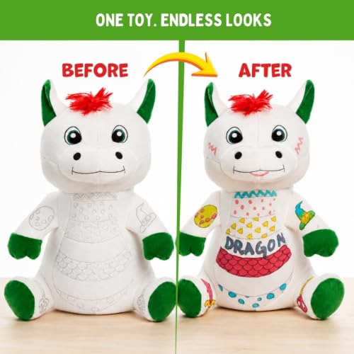 Image of PepPlay Redoobles Doodle Dragon - Color, Wash & Reuse Plush Toy for Kids 3-8 Years | 4 Non-Toxic Washable Markers | Screen-Free, Bath-Safe Soft Toy, Made in India | Dragon Gift for Boys & Girls