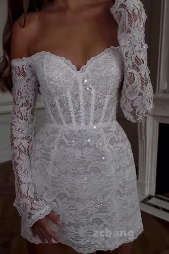 zcbang Long Sleeve Wedding Gowns for Bride Short Sparkly Sweetheart Corset White Mermaid Lace Second Look Bridal Dress 2025