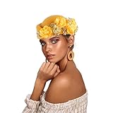 European and American Retro British Felt Headscarf hat Women's Church Derby Headdress with Floral Women's Soft Beret (Golden)