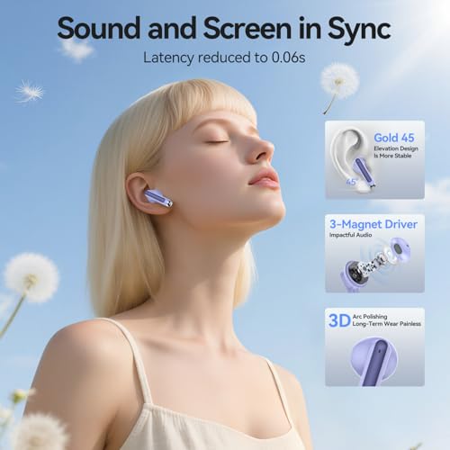 Image of Wireless Earbuds, Bluetooth 5.4 Headphones HiFi Stereo with 4 HD Mic, 50H Playtime Bluetooth Earbuds with Dual LED Display, IPX7 Waterproof Wireless Earphones, Touch Control Ear Buds,USB-C, Purple