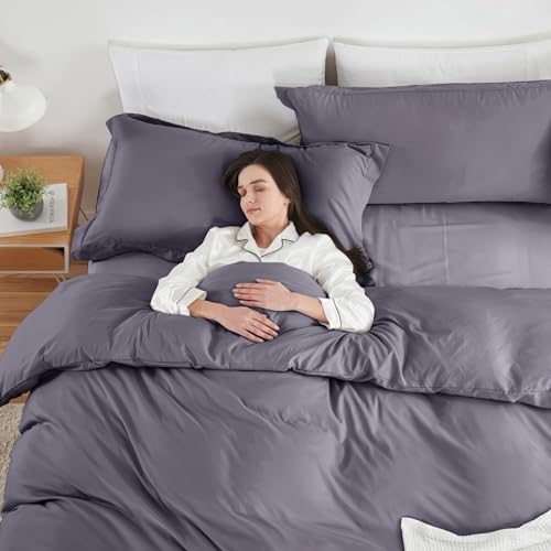 Image of Hearth & Harbor Grayish Purple Duvet Cover with Fitted Sheet Twin Size | 3 Piece Soft Double Brushed Bedding Set, Button Closure, 1 Duvet Cover 68x90 Inches, 1 Fitted Sheet, 1 Pillow Sham
