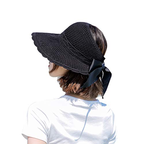 Elonglin Straw Sunhat Women Foldable Large Brim Summer Beach Outdoor Adjustable Sun Hat Ribbon Bow Anti-UV Protection (Black)