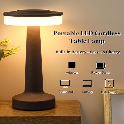Image of Riakrum 2 Pcs LED Cordless Table Lamp Bulk Rechargeable,Brown | Portable Wireless Lamps, 3 Color Stepless Dimming, 15 Hour Battery, Touch Control, Wedding Home Restaurant Decor