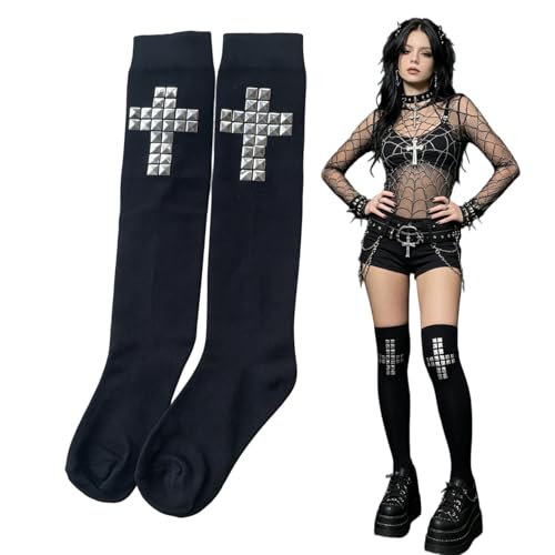Zaxomum Gothic Black Cross Studded Knee High Socks for Women