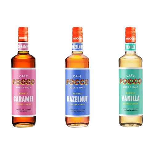 Café Pocco Coffee Syrup Pick N Mix - Choose From 2+ Flavours | Caramel, Vanilla, Hazelnut | 3 Pack (75cl each)- Perfect Syrup Gift Set for Coffee Lovers