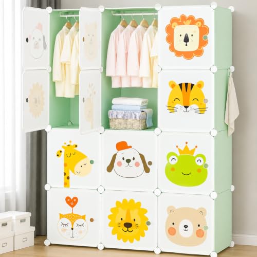 Image of Little Olive Plastic Wardrobe with Height Chart | Animal Print Design for Kids Toys and Clothes | Green Matte Modular Storage Cabinet (110Cm X 36Cm X 145Cm)