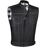 SOA Motorcycle Vest for Men, Premium Buffalo Leather, Back Armor, Inside Pockets, Biker Riding Club Vests Flannel White L