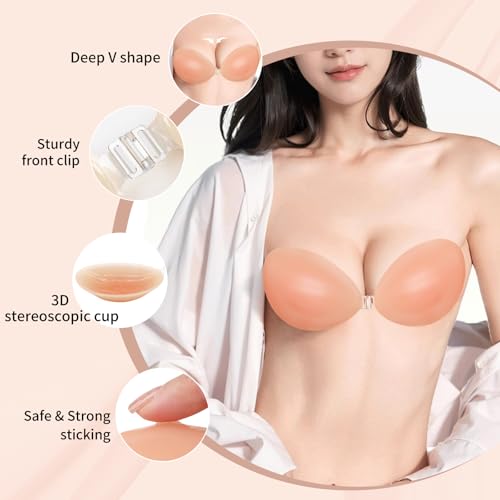 Adhesive Bra for Women Sticky Silicone Invisible Push up Bra,4 Pairs Adhesive Bras & 4 Pairs Nipple Covers4