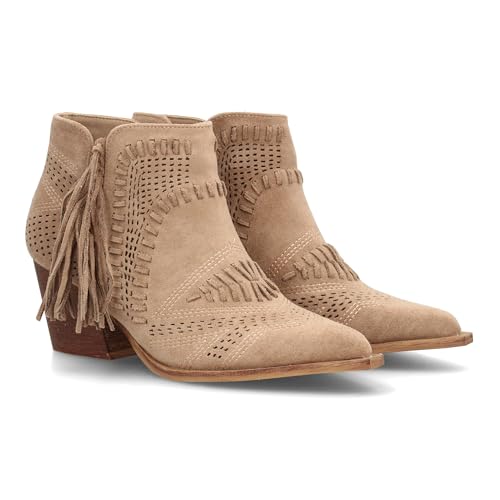shoes&blues.es 100043 Botin de Mujer Estilo Cowboy Diseno Calado Decorativo Detalle Lateral de Flecos, Tacon Ancho, Punta Fina. Sin Cierre. Beige Talla 37