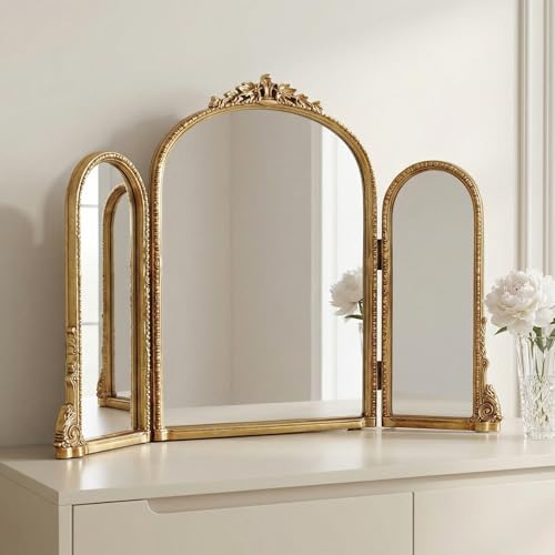 Vintage Gold Tri-Fold Vanity Mirror Arched Frame Decorative Tabletop Makeup Mirror for Bedroom Dressing Table Antique Style with Intricate Floral Carvings 3-Panel Folding Design for Clear Reflecti