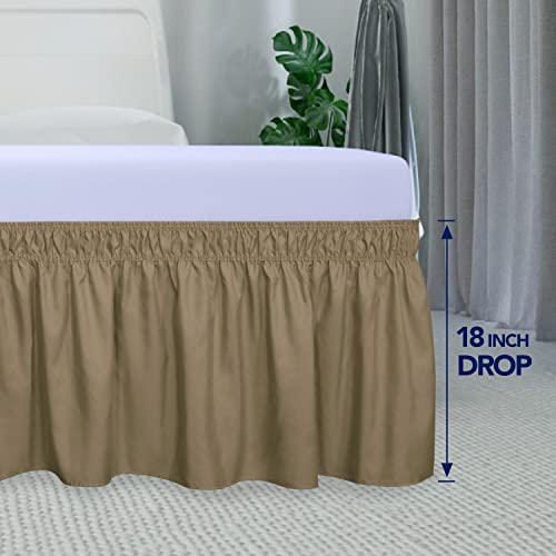 PureFit Wrap Around Ruffled Bed Skirt with Adjustable Elastic Belt - 18 Inch Drop Easy to Put On, Wrinkle Free Bedskirt Dust Ruffles, Bed Frame Cover for Queen, King and C-King Size Beds, Camel