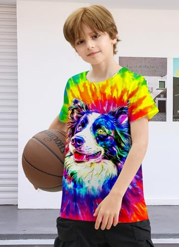 Image of Dog Shirt Kids Size 10-12 Years Boys Blue T Shirts Children's Hippie Tshirts Short Sleeve Round Neck 9 Years Fashion Tees