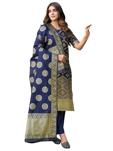 Sanisa Women's Art Silk Jacquard Straight Kurta With Pant And Dupatta Set| Ethnic Set | Suit Set | Kurta Set(134Kbd1445N-M_Navy Blue & Golden)