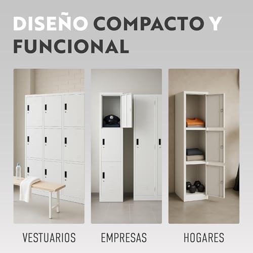 BRINDEK Taquilla Vestuario metálica 3 Puertas Blanca RAL 9016-185x38x45 cm con Cerradura - Incluye Llave | Armario metálico Estrecho para Garaje, Oficina, Gimnasio, Vestuario, Locker Individual - imagen 3