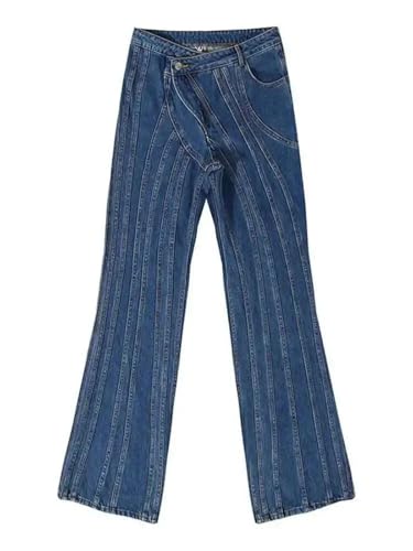 Women Oblique Waist Spliced Jeans Loose Fit Placket Trousers Streetwear Style for Spring Outfits3