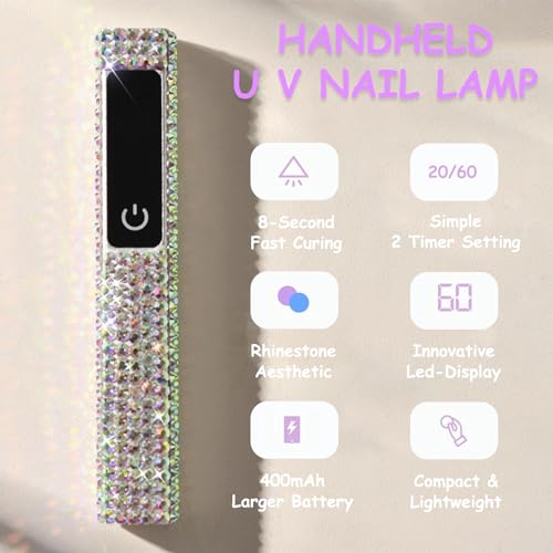 HEVOY Lâmpada UV de strass de cristal, luz UV portátil brilhante artificial para unhas, mini luz de
