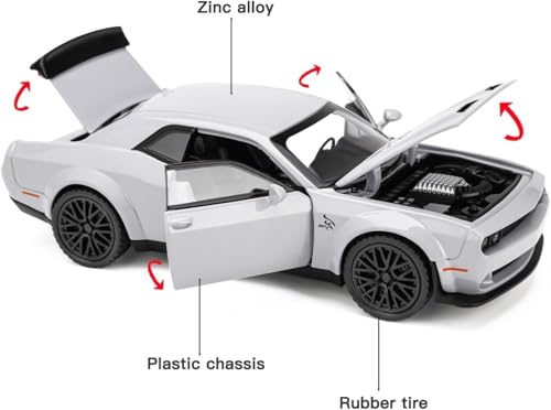 Image of WORSHIPER 1:24 Dodge Challenger SRT Exclusive Alloy Metal Pull Back Die-cast Car Model with Sound Light Mini Auto Toy for Kids for Toy Car with Sound and Light (1:24 Dodge Challenger - Grey)