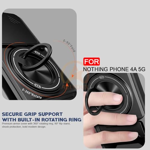 Image of Nothing Phone 4A 5G Back Cover | Armor Camera Slider 360 Degree Rotating Finger Ring Holder Case with Bracket Stand Back Case Cover (Compatible with MagSafe Accessories) (Black)