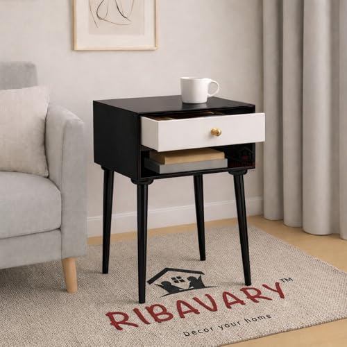 Image of Modern Bedside Table Nightstand with Solid Wood Legs, Practical End Side Table with Drawer Storage for Small Spaces Wooden Bedside Table, Coffee Table, Living Room /Bedroom (Black-White)