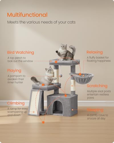 Feandrea Cat Tree Tower Condo with 2 Beds, Scratching Posts and Ramp, for Small and Medium Cats, Dove Grey PCT013GD01 - Image 3